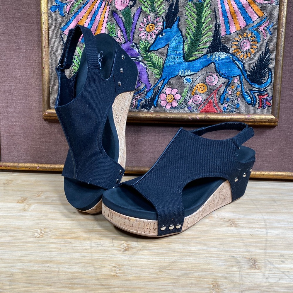 Corkys Carley size 10 black & tan cork wedge sandals comfortable open toe rivets